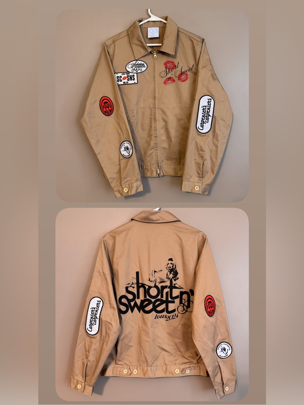 Sabrina Carpenter Short N Sweet Tour 2024 Patch Work Tan Jacket Women’s Medium